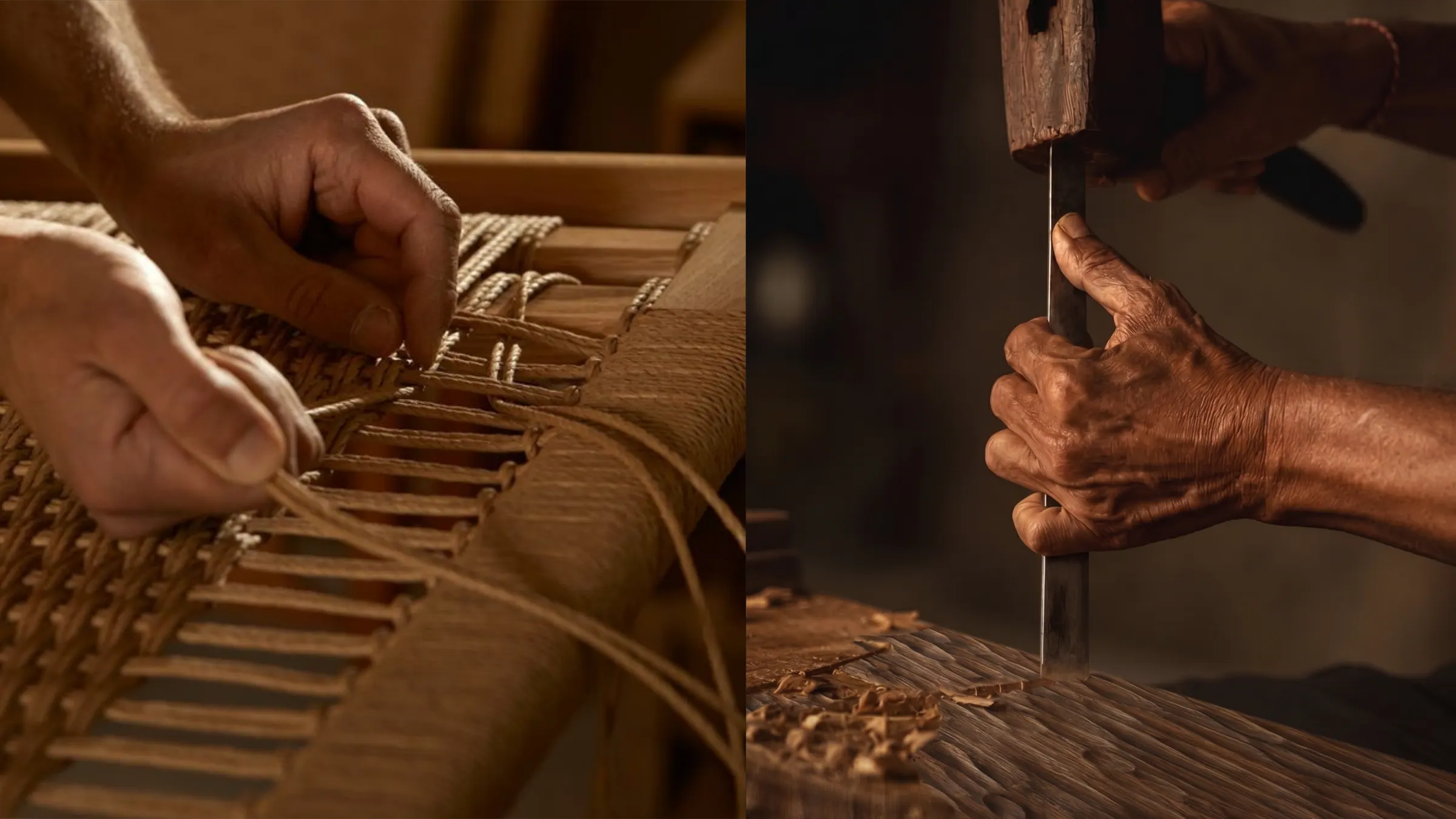 Hands weaving a cord seat, and hands guiding a chisel across carved timber, in the Interior Three Sixty joinery