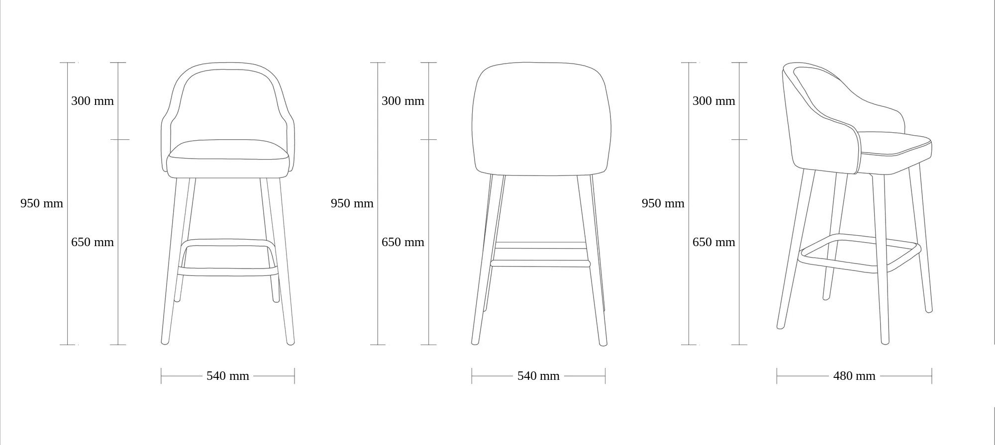 Dimensioned drawing of the Berlin Barstool barstool