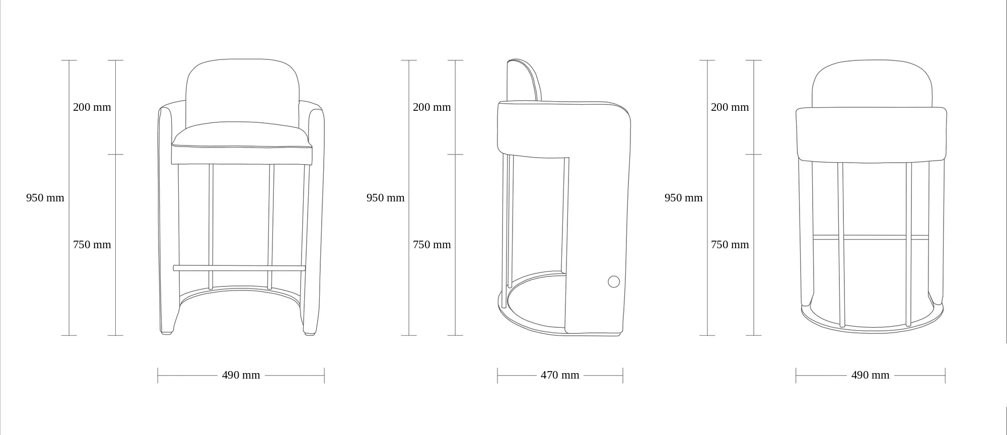 Dimensioned drawing of the Kyoto Barstool barstool