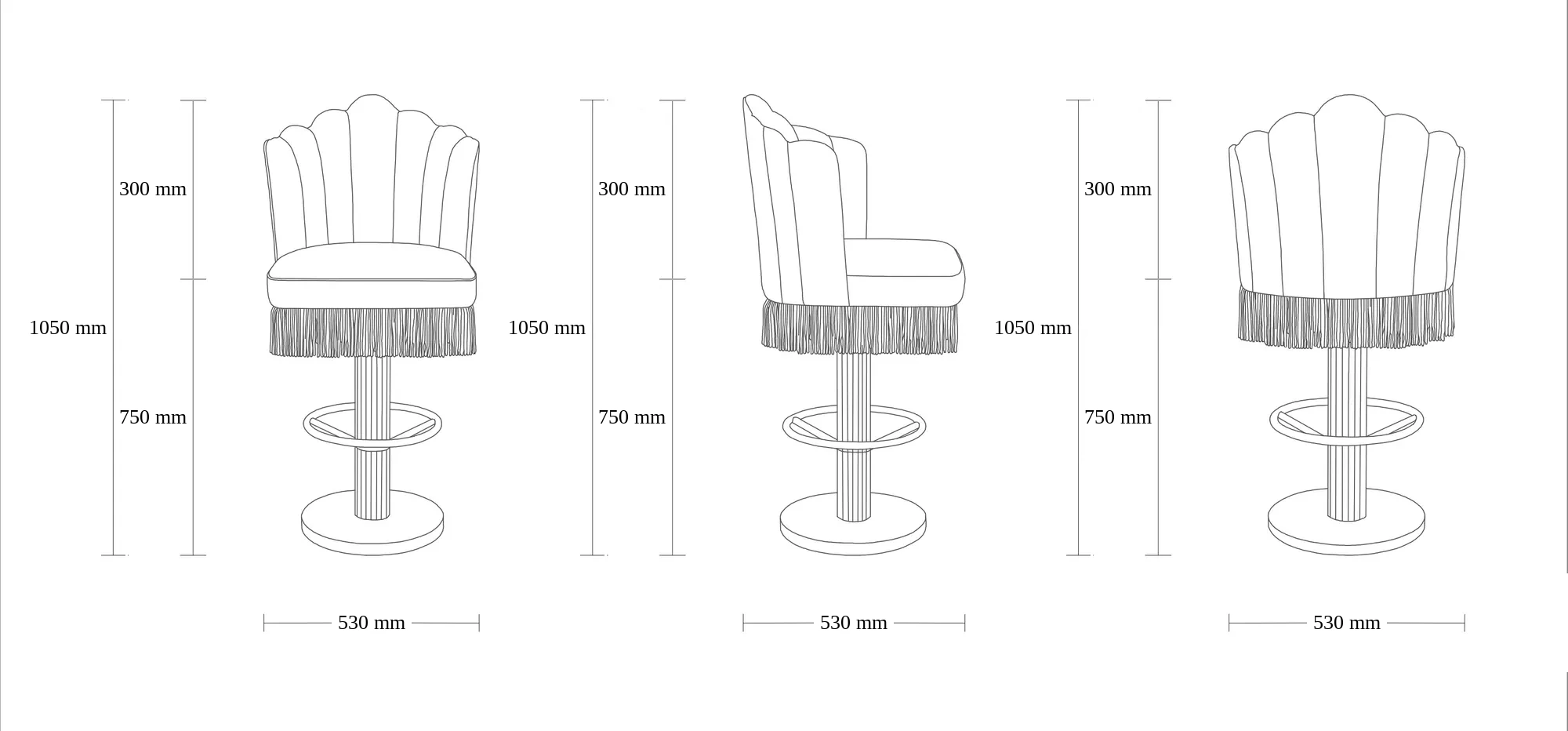 Dimensioned drawing of the Tulum Barstool barstool