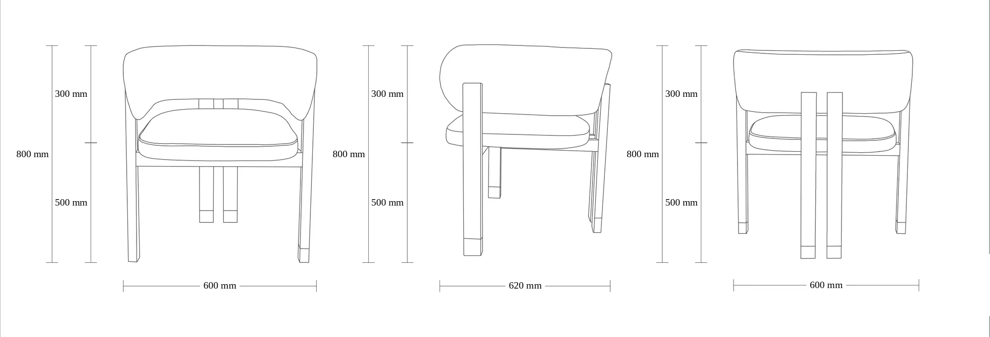 Dimensioned drawing of the Beirut Dining Chair dining chair