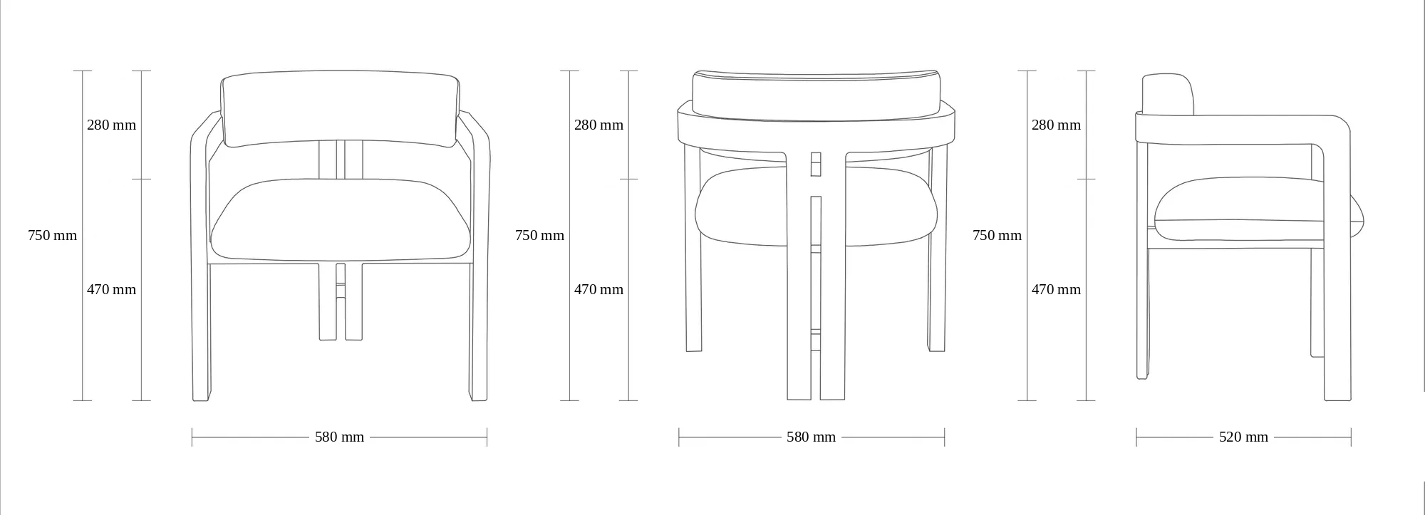 Dimensioned drawing of the Florence Dining Chair dining chair