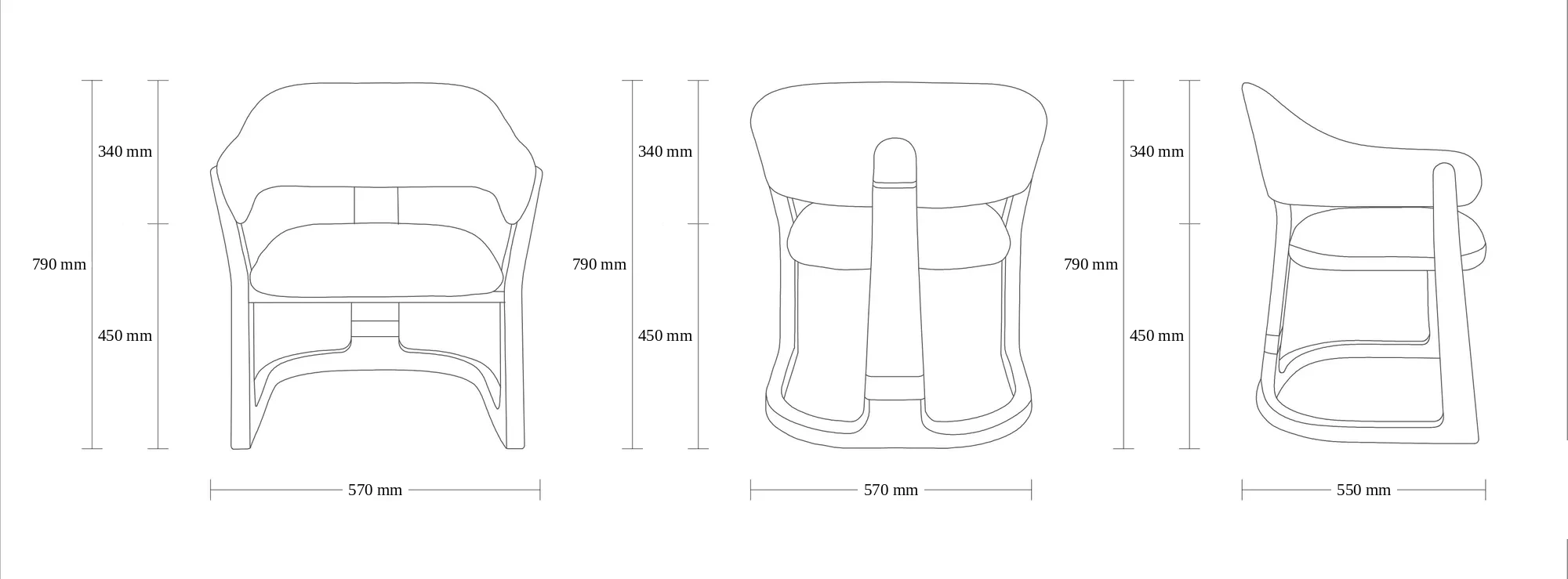 Dimensioned drawing of the Helsinki Dining Chair dining chair