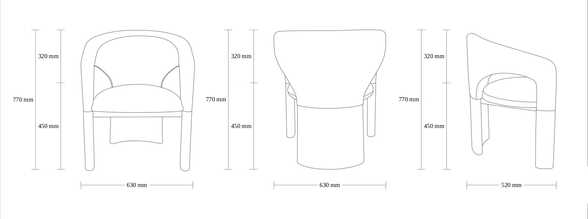 Dimensioned drawing of the Manila Dining Chair dining chair