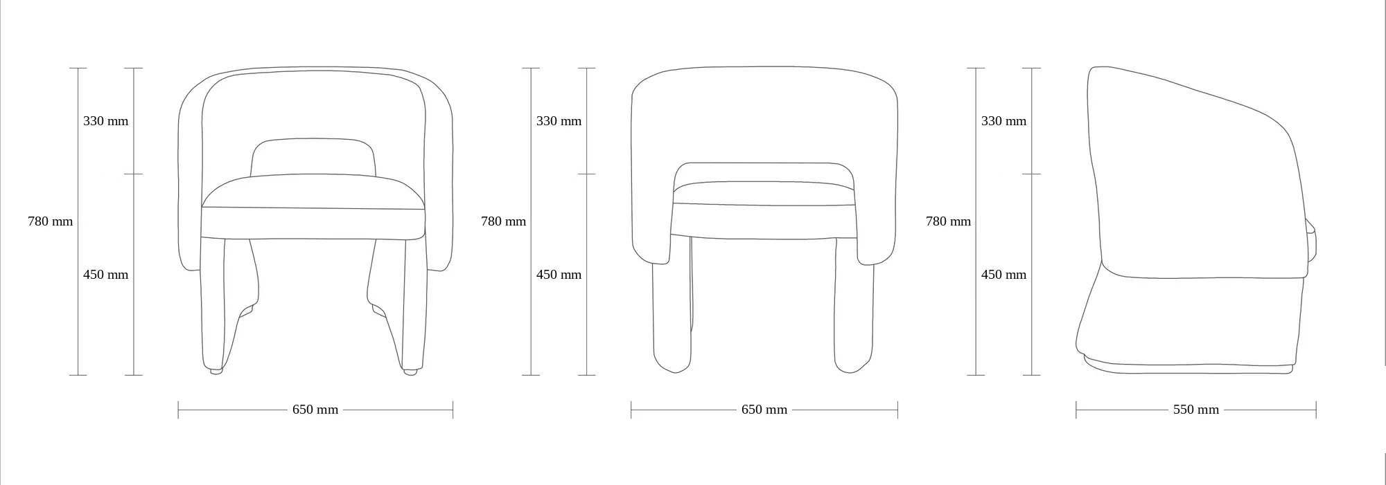 Dimensioned drawing of the Sevilla Dining Chair dining chair