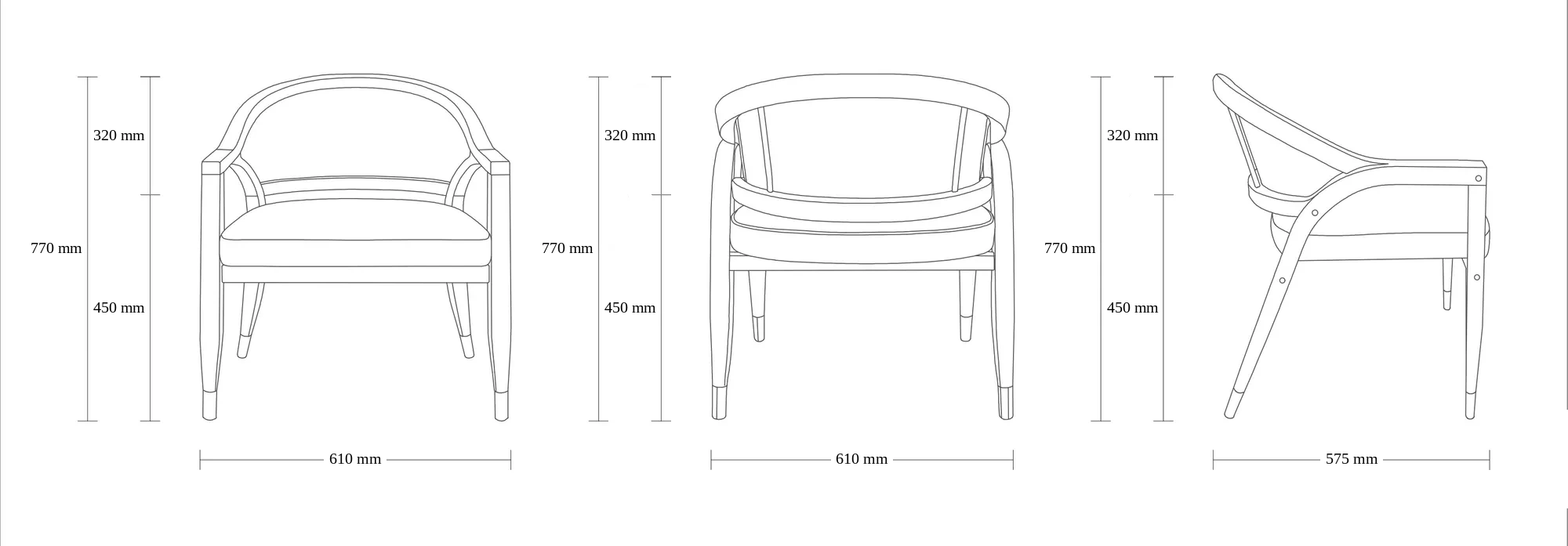 Dimensioned drawing of the Valencia Dining Chair dining chair