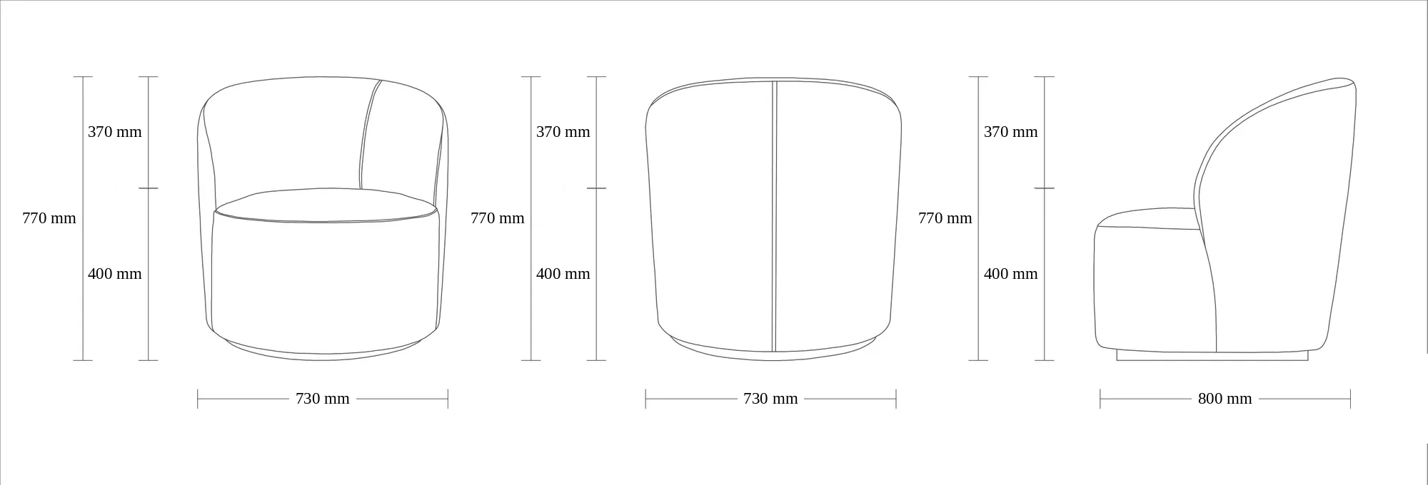 Dimensioned drawing of the Astra Lounge Chair lounge chair