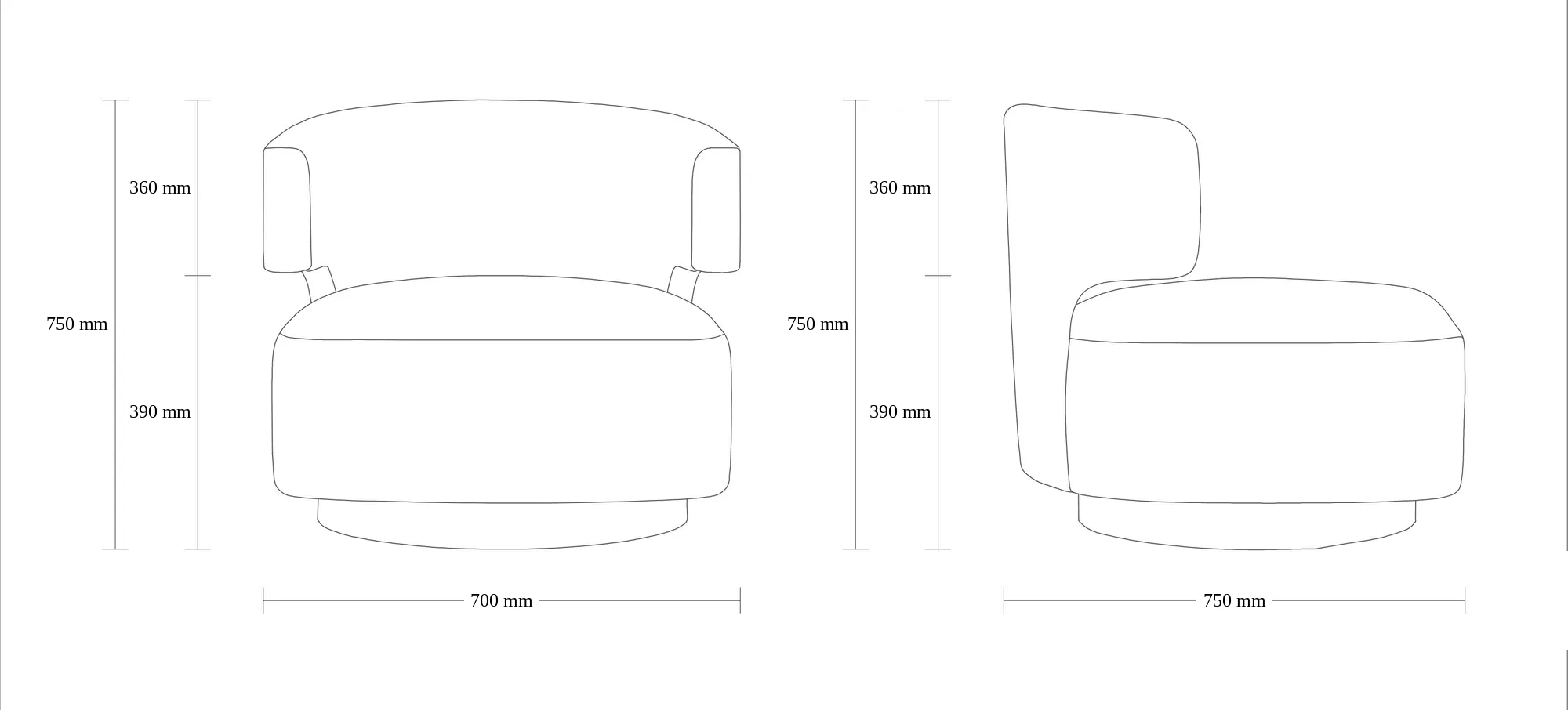 Dimensioned drawing of the Isaro Lounge Chair lounge chair