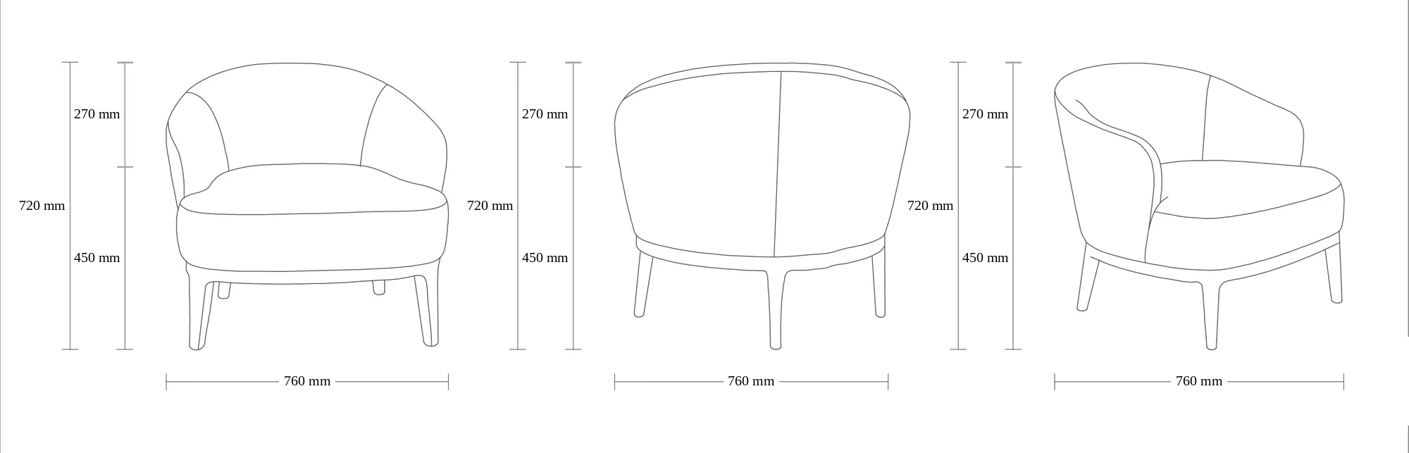 Dimensioned drawing of the Lunara Lounge Chair lounge chair