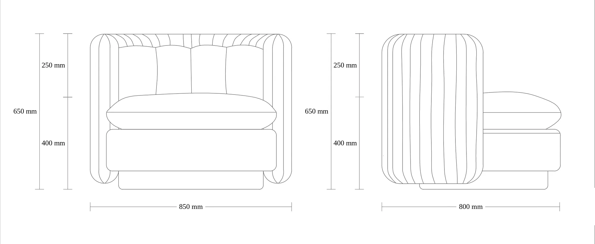 Dimensioned drawing of the Milos Lounge Chair lounge chair