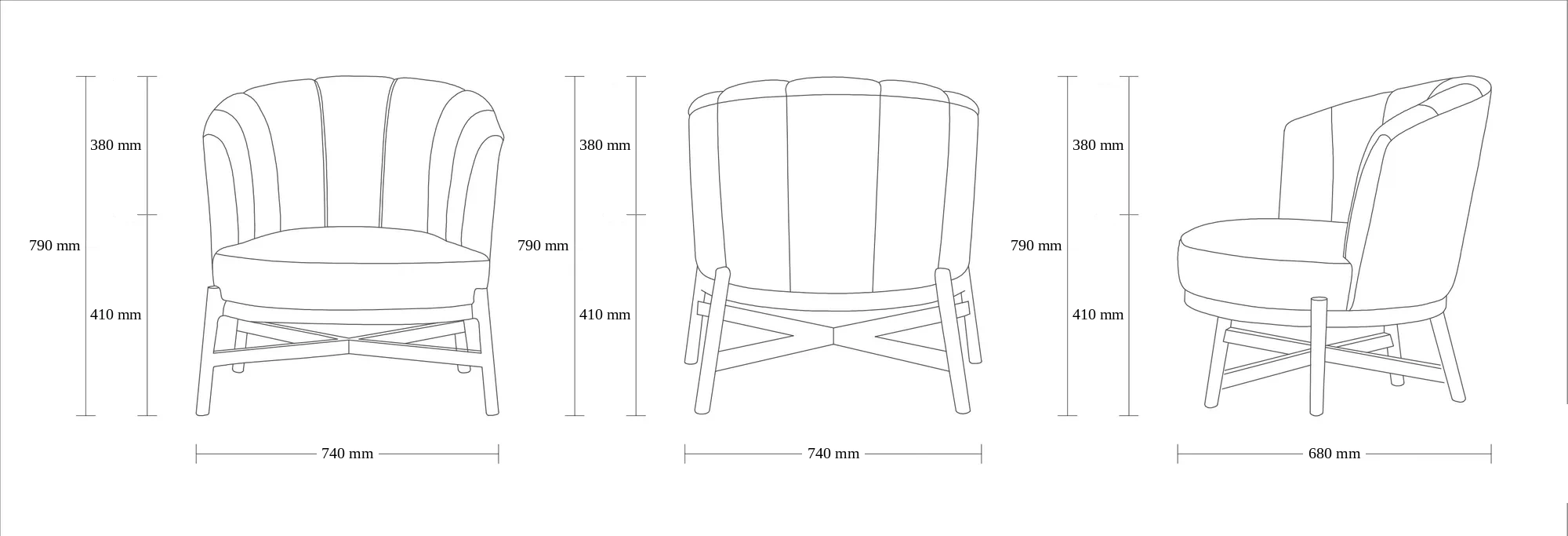 Dimensioned drawing of the Mireo Lounge Chair lounge chair