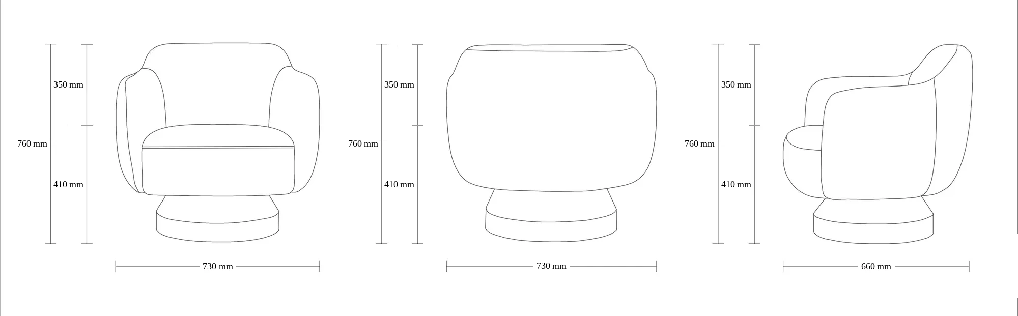 Dimensioned drawing of the Solace Lounge Chair lounge chair