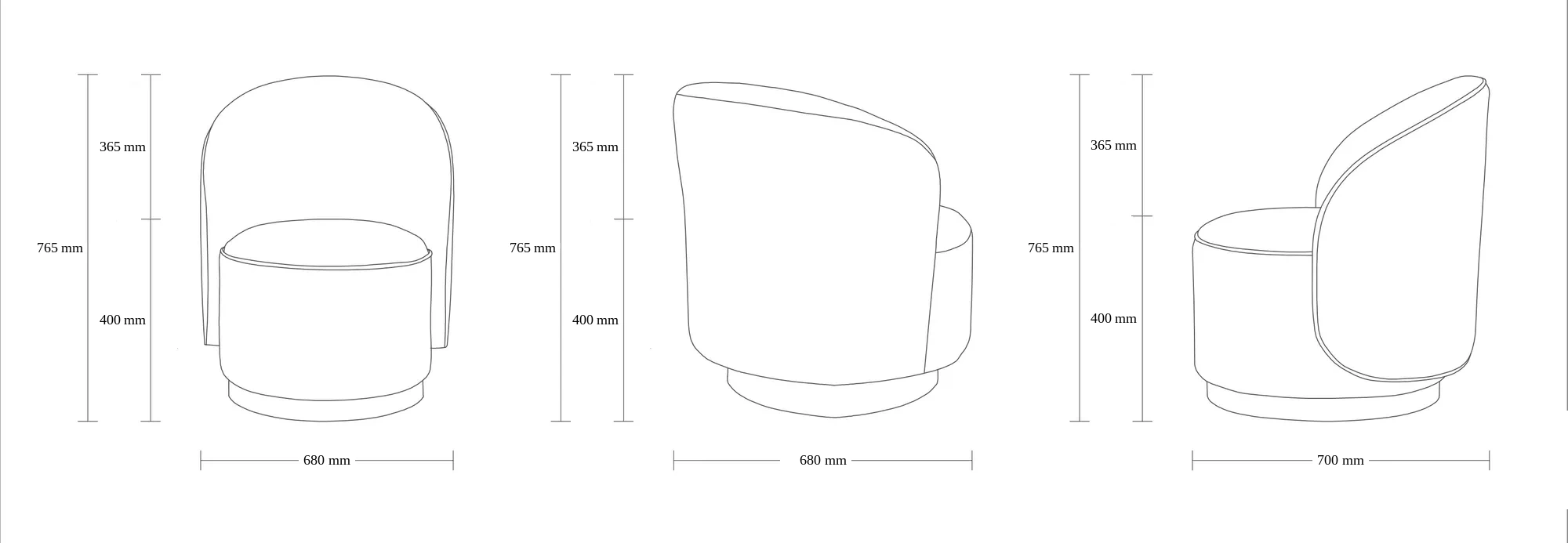 Dimensioned drawing of the Talora Lounge Chair lounge chair