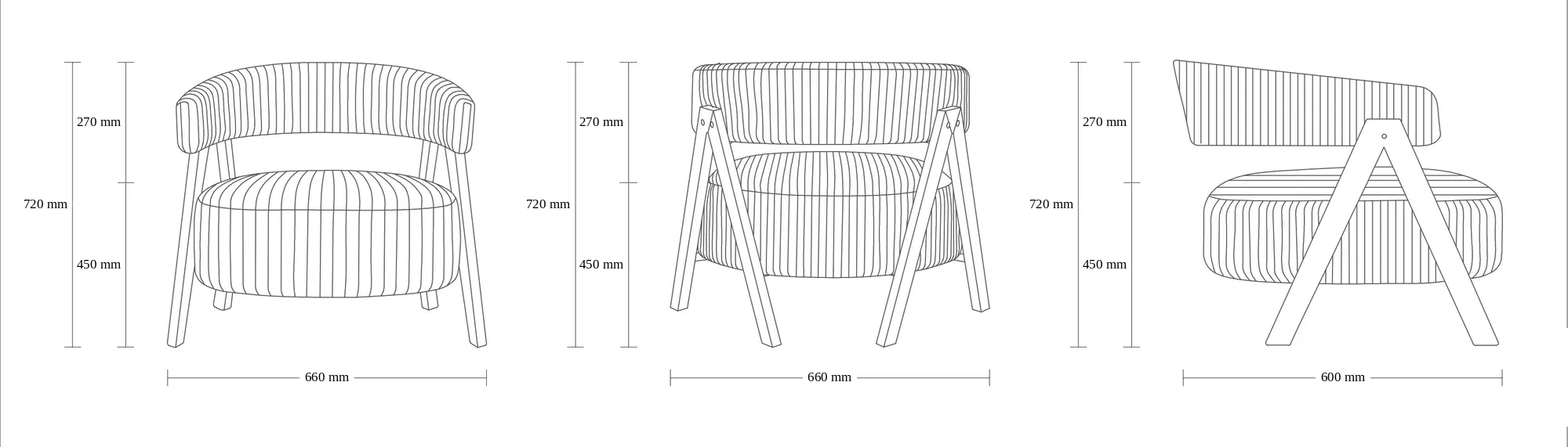 Dimensioned drawing of the Coro lounge chair