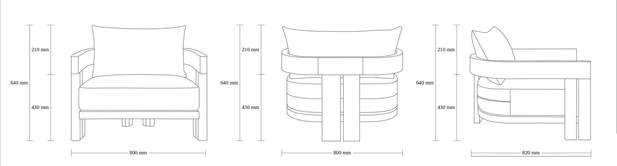 Dimensioned drawing of the Zana lounge chair