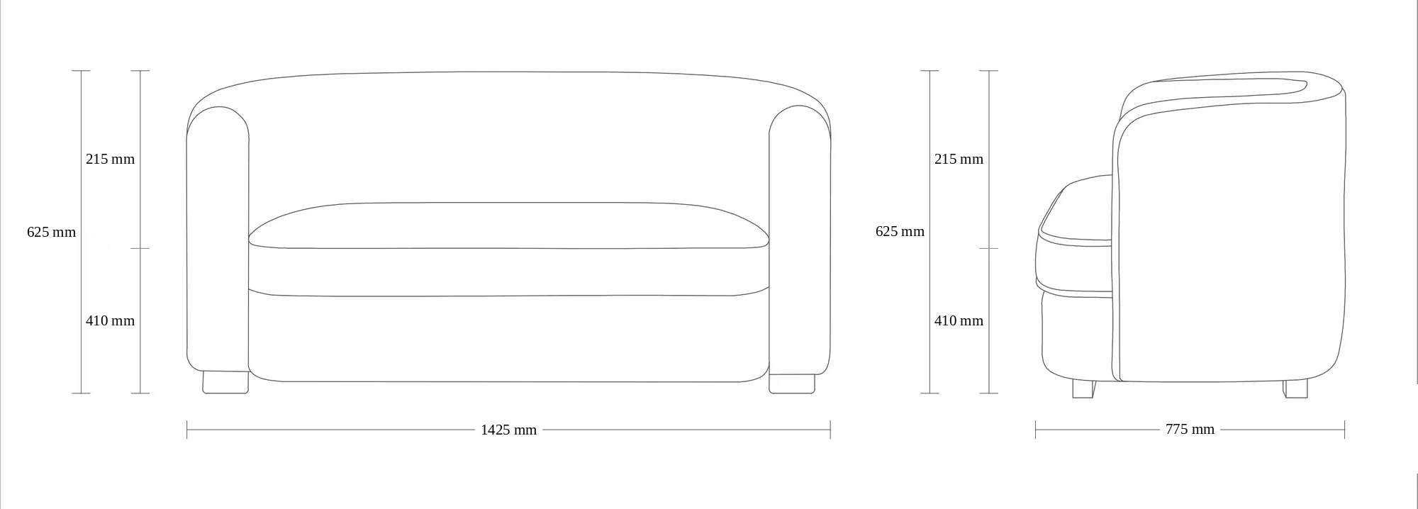 Dimensioned drawing of the Elara Sofa sofa