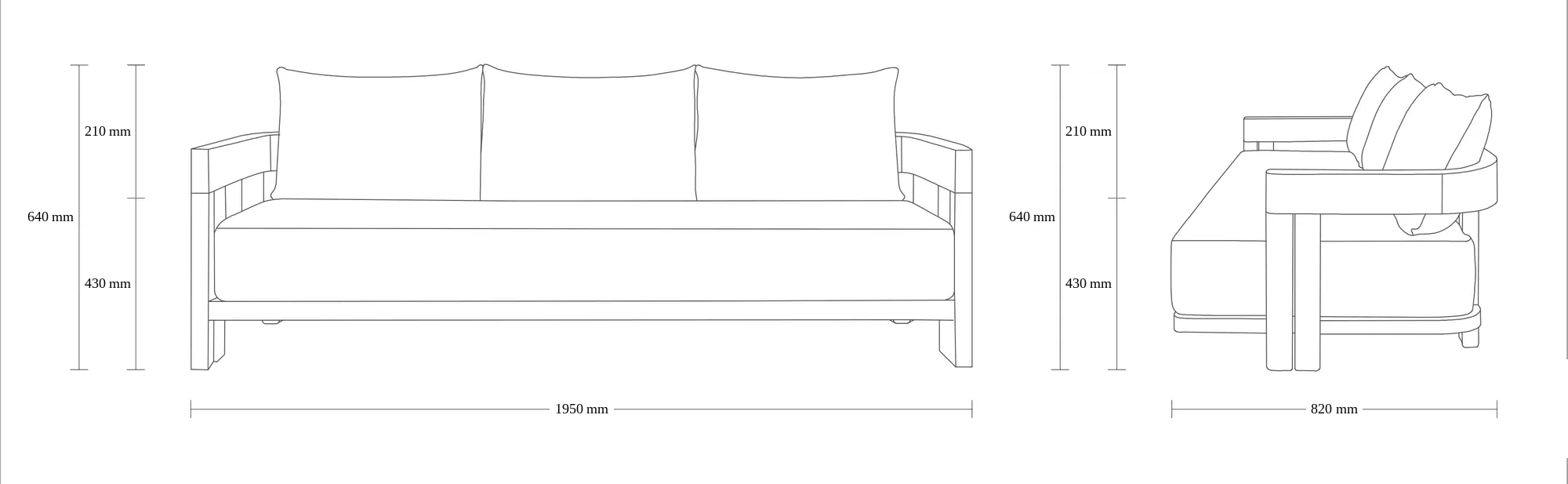 Dimensioned drawing of the Milan sofa