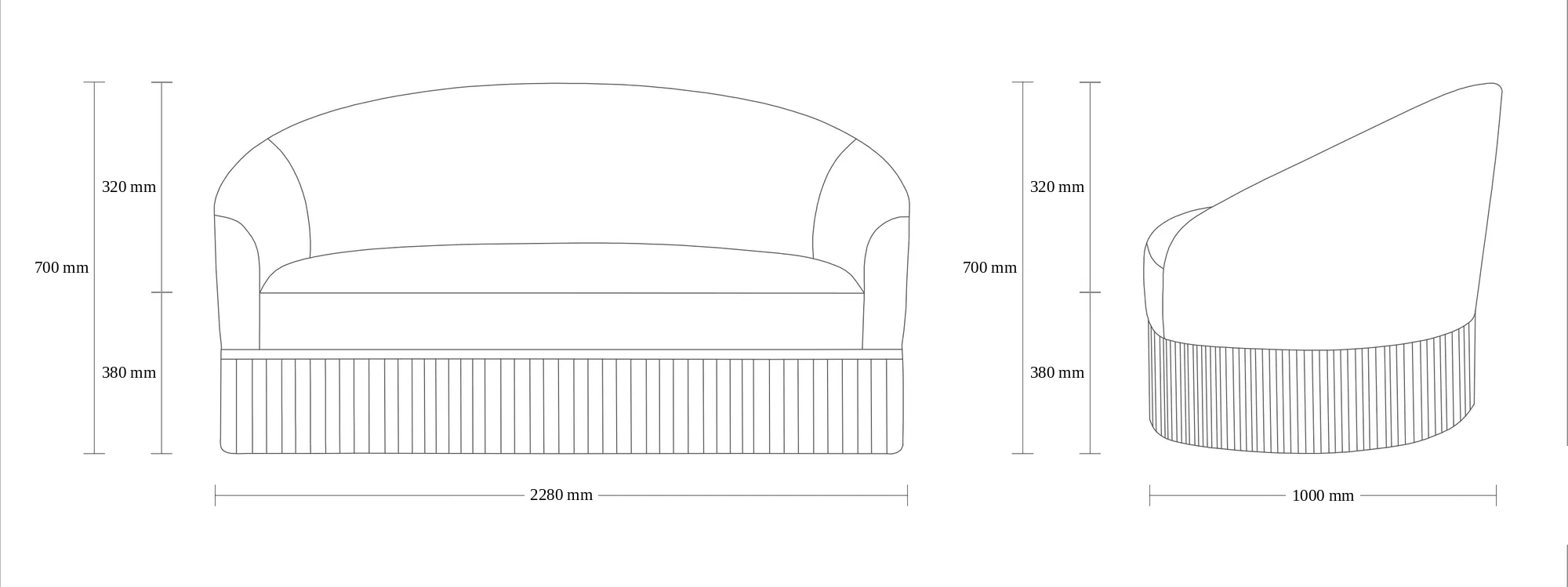 Dimensioned drawing of the Nuvé Sofa sofa