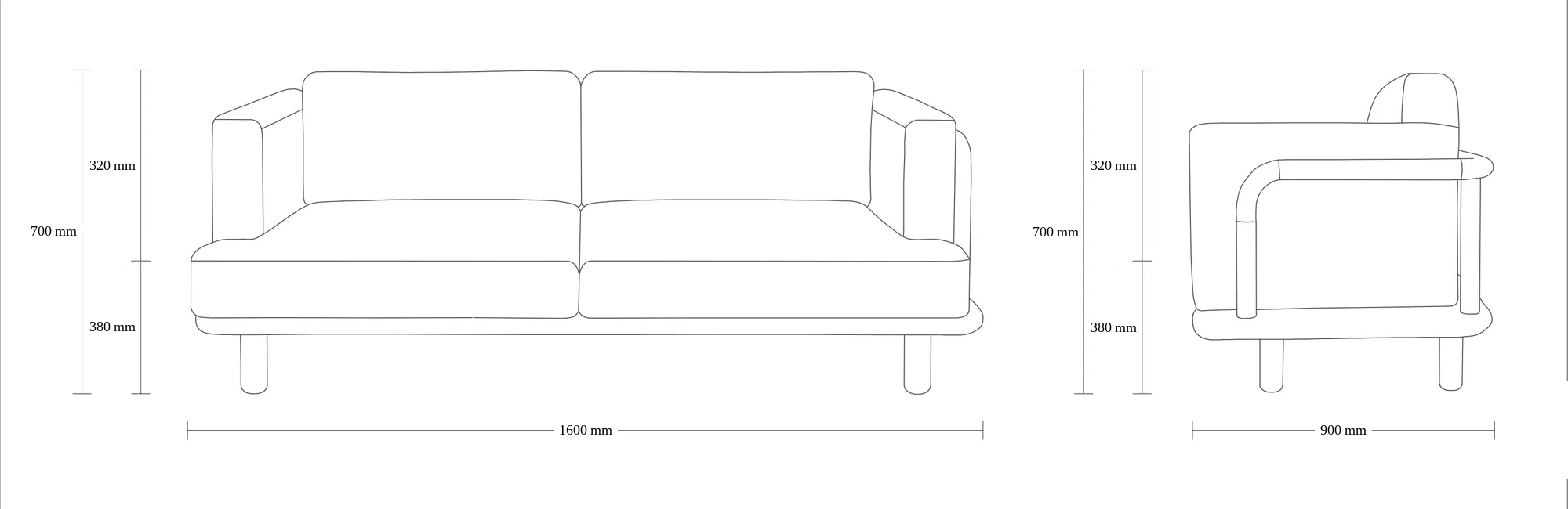 Dimensioned drawing of the Solari Sofa sofa