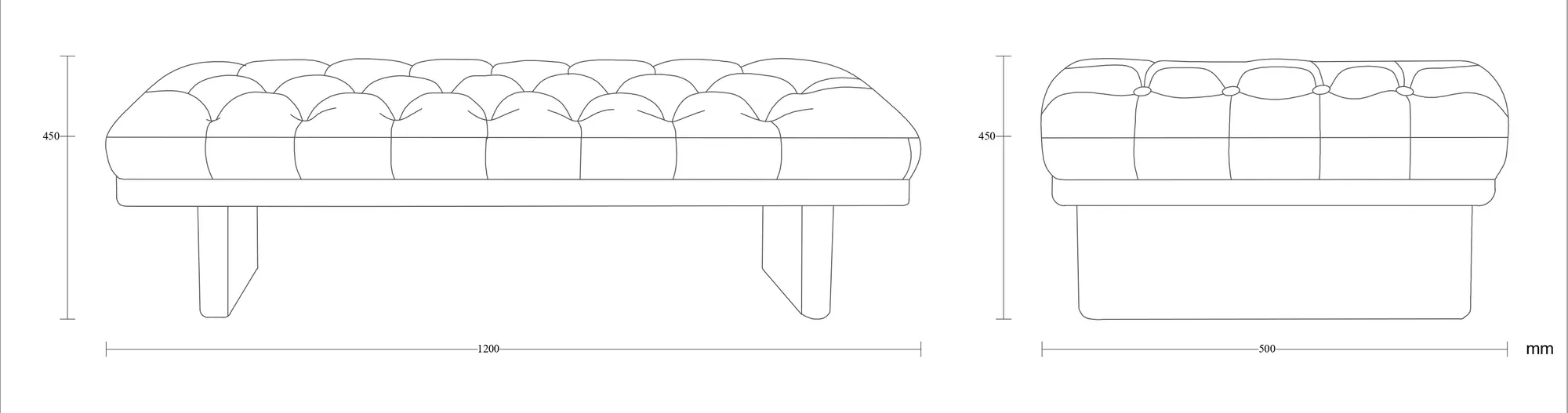 Dimensioned drawing of the Urbino bench