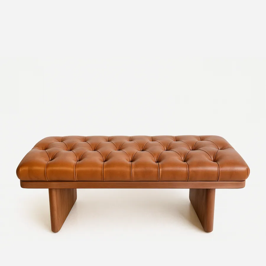 Urbino bench — a compact upholstered bench with a tufted seat and solid wooden base