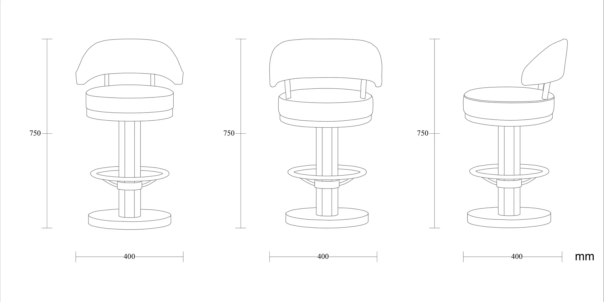Dimensioned drawing of the Havana Barstool barstool