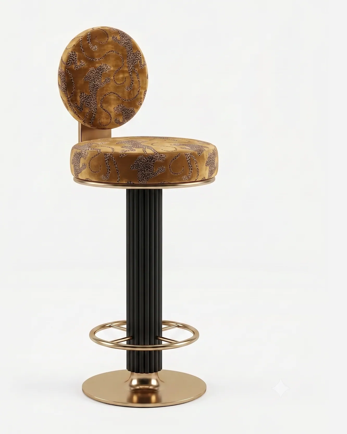 Jaro Barstool barstool — fluted column in electroplated matte black with a backrest bracket, footrest ring and round base in electroplated bra…