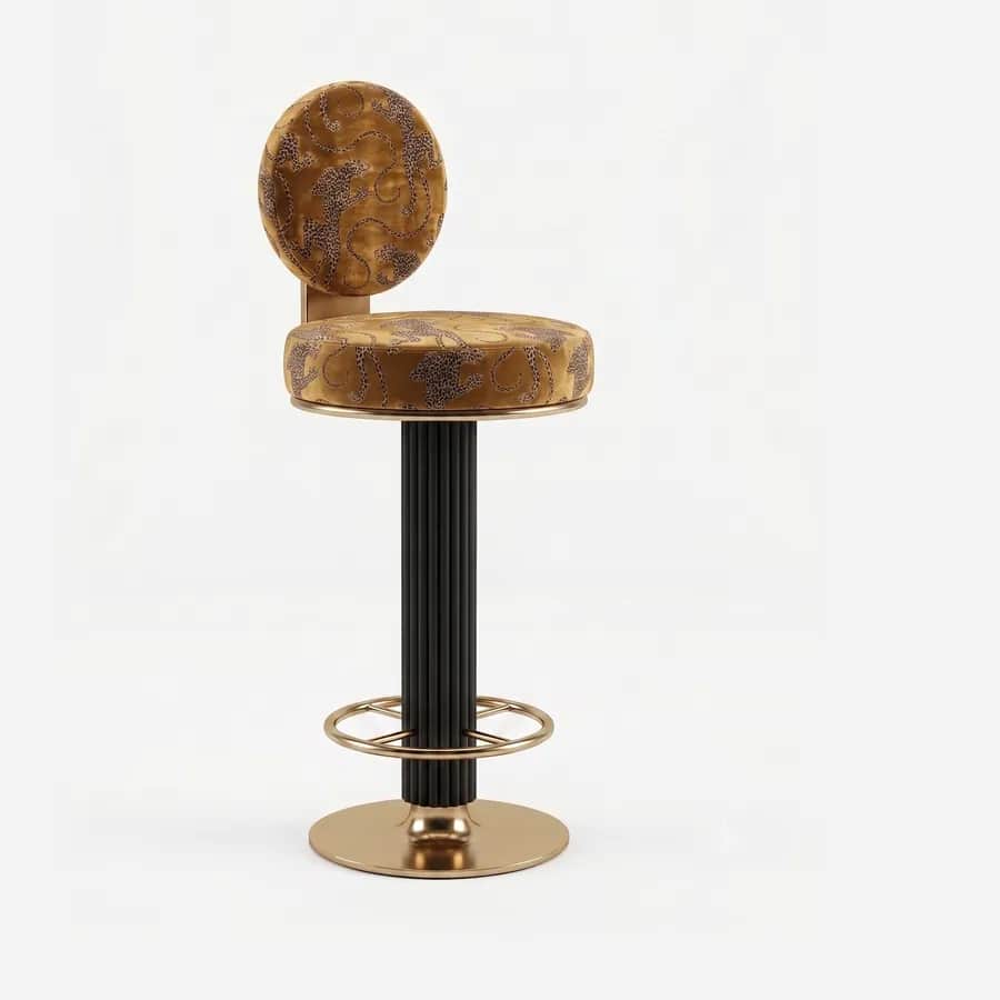 Jaro Barstool barstool — fluted column in electroplated matte black with a backrest bracket, footrest ring and round base in electroplated bra…