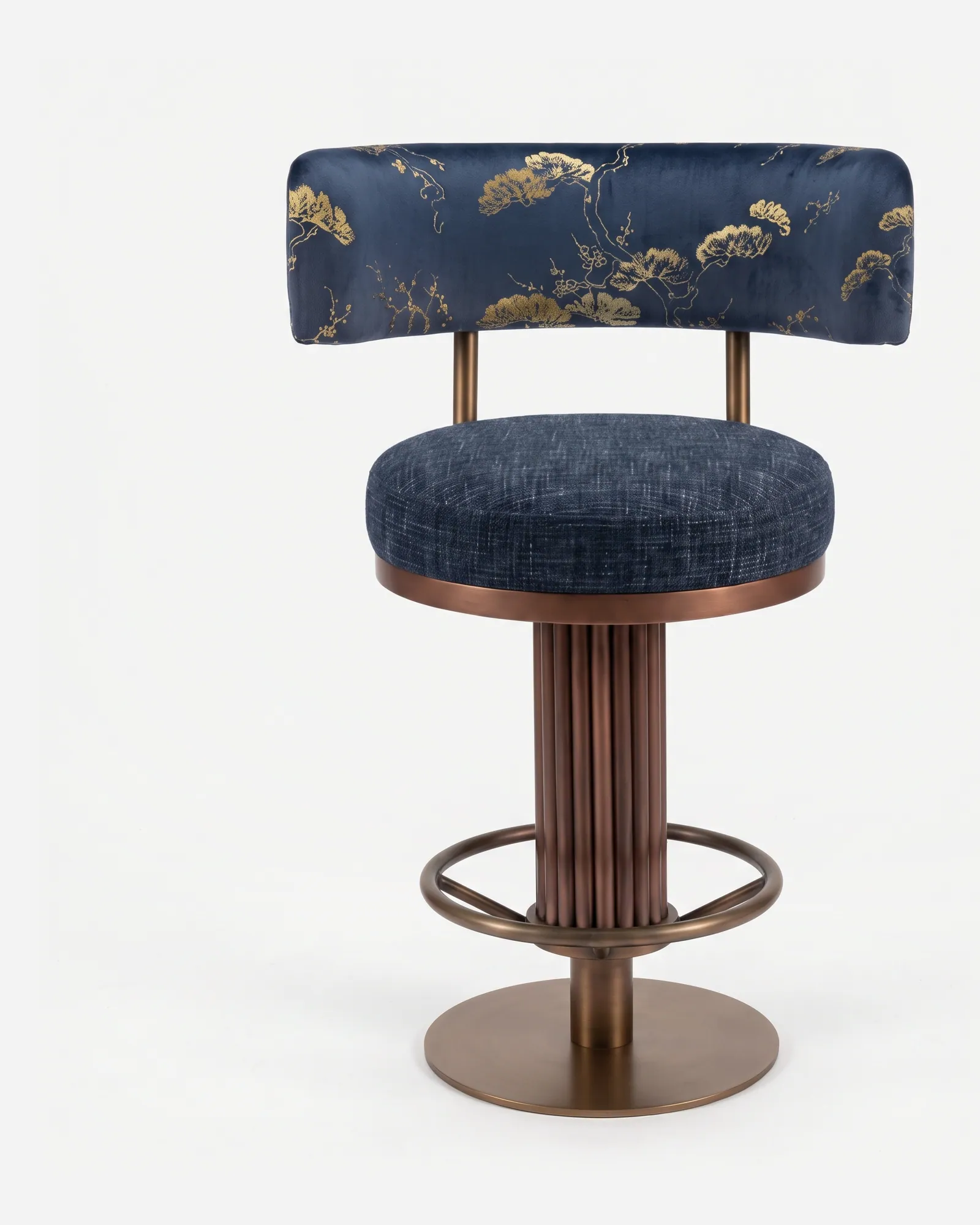 Kiyoshi Barstool barstool — fluted column, footrest ring and round base in electroplated bronze, with a back in pattern velvet and a seat in text…