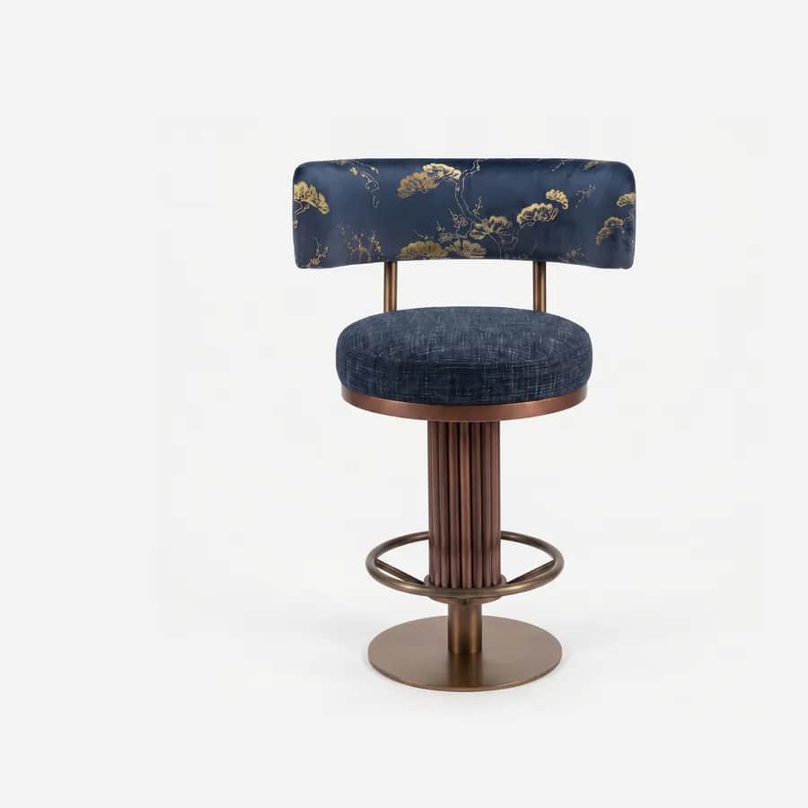 Kiyoshi Barstool barstool — fluted column, footrest ring and round base in electroplated bronze, with a back in pattern velvet and a seat in text…