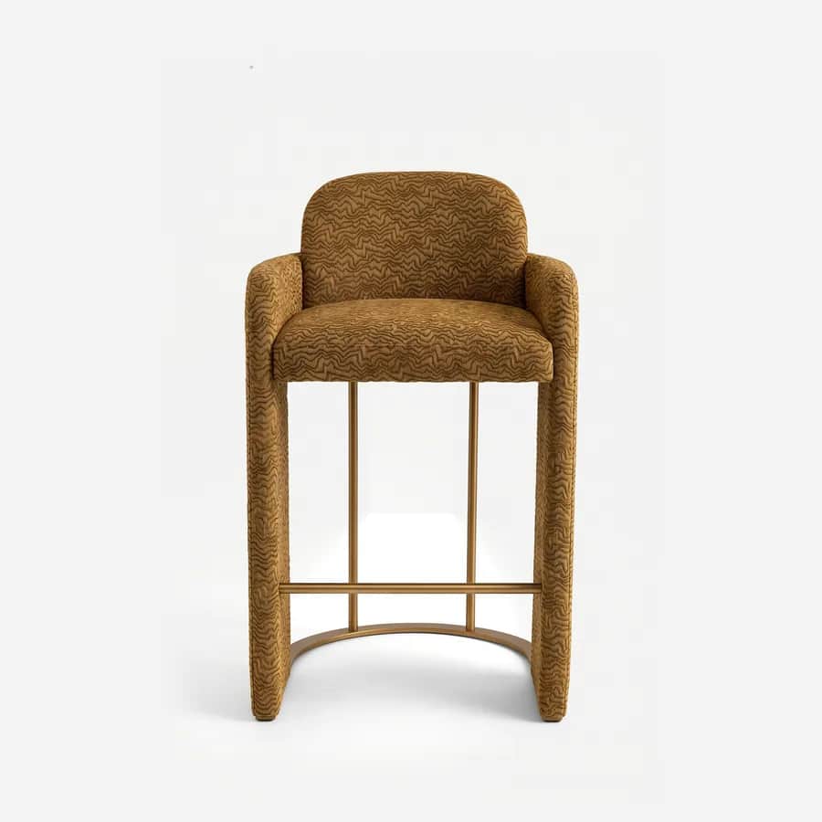 Kyoto Barstool barstool — fully upholstered for a seamless look, supported by an electroplated stainless steel footrest and base balance