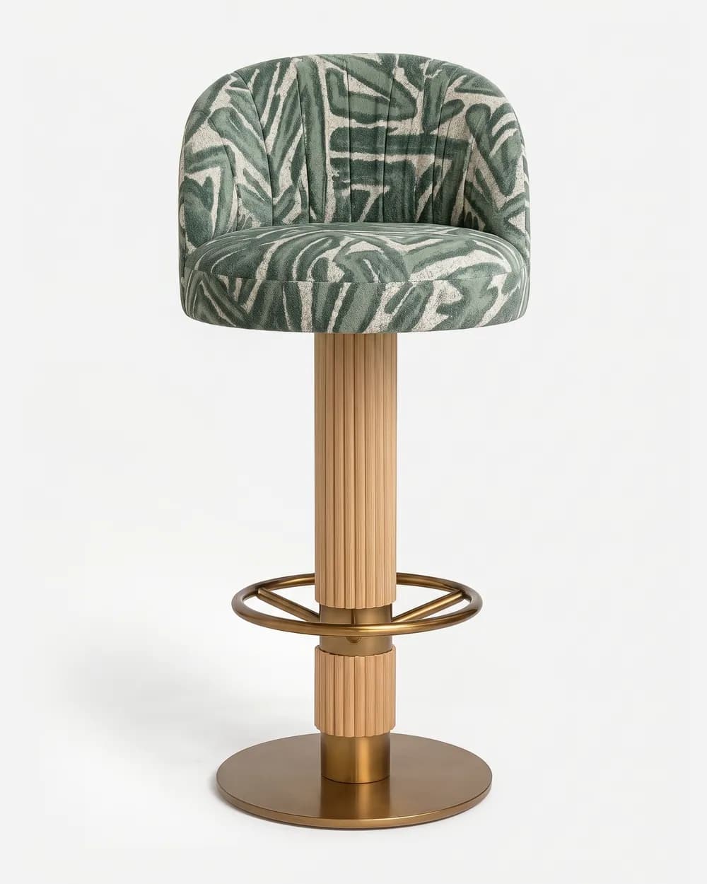 Marrakech Barstool barstool — the seat and back are fully upholstered, supported by a solid red oak column base in a stained finish