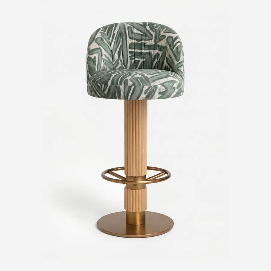 Marrakech Barstool barstool — the seat and back are fully upholstered, supported by a solid red oak column base in a stained finish