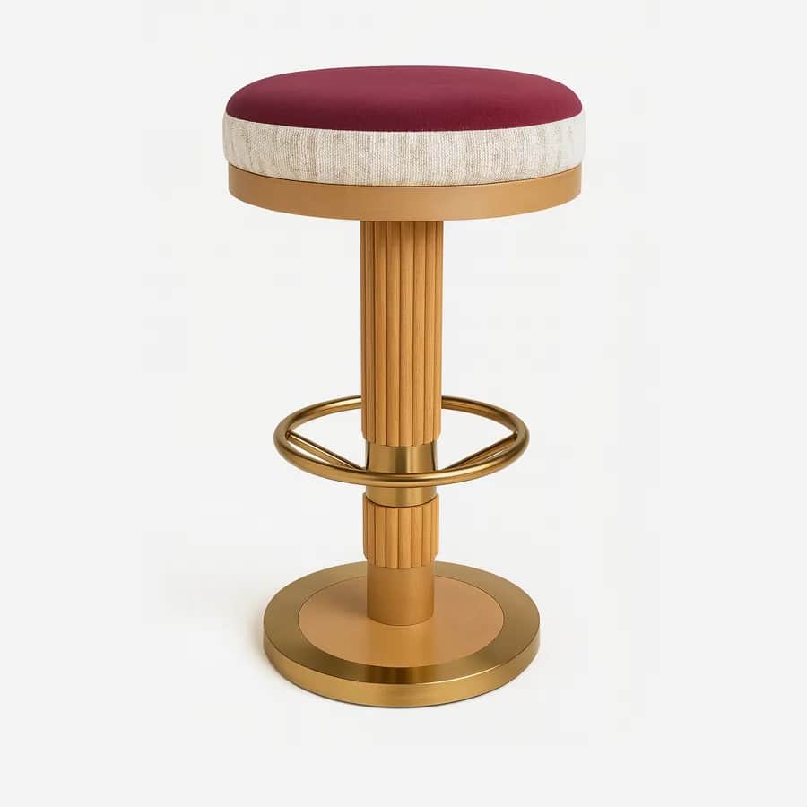 Mykonos Barstool barstool — the seat is upholstered, supported by a solid red oak column base in a stained finish