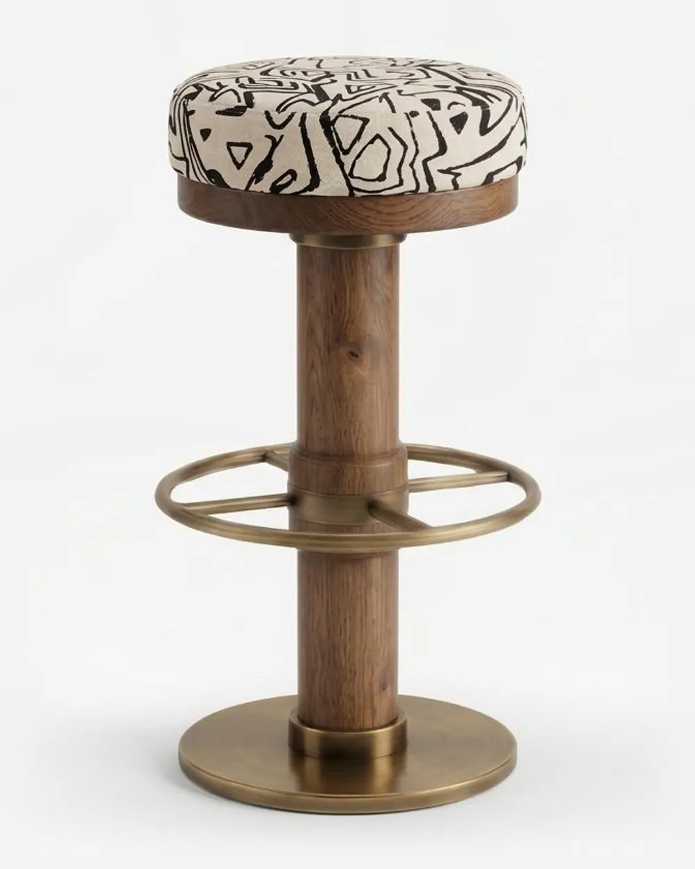 Silo Barstool barstool — walnut wood column and seat ring with a footrest ring and round base in electroplated brushed brass, upholstered in p…