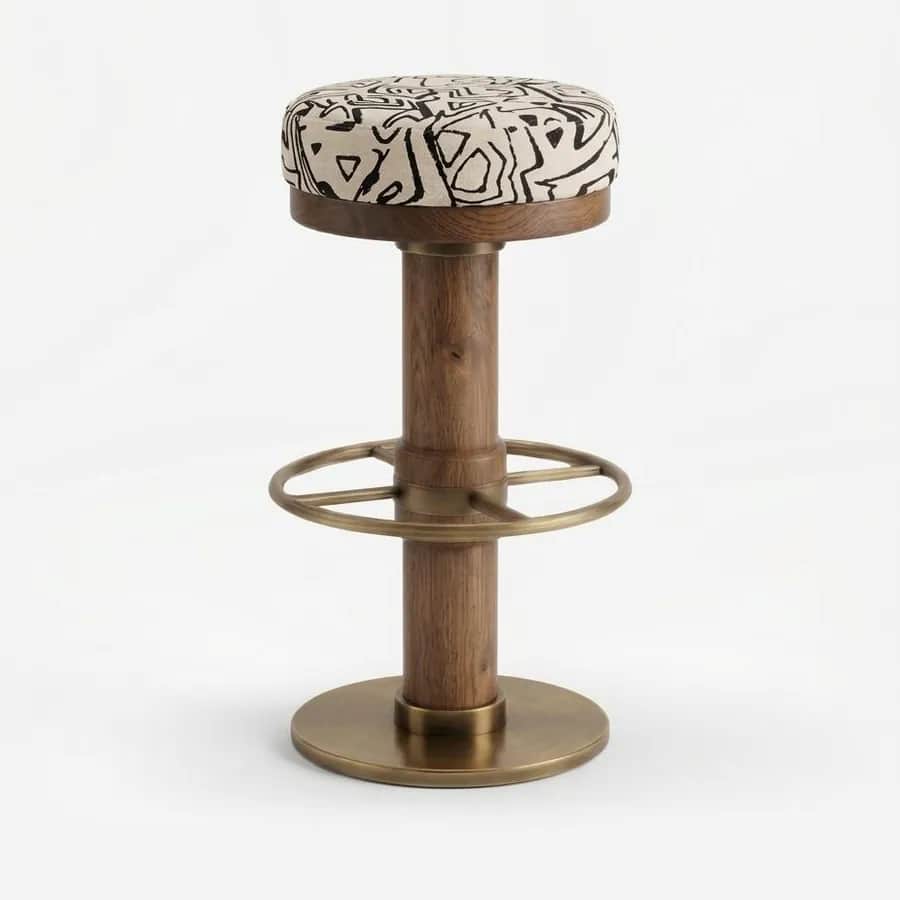 Silo Barstool barstool — walnut wood column and seat ring with a footrest ring and round base in electroplated brushed brass, upholstered in p…