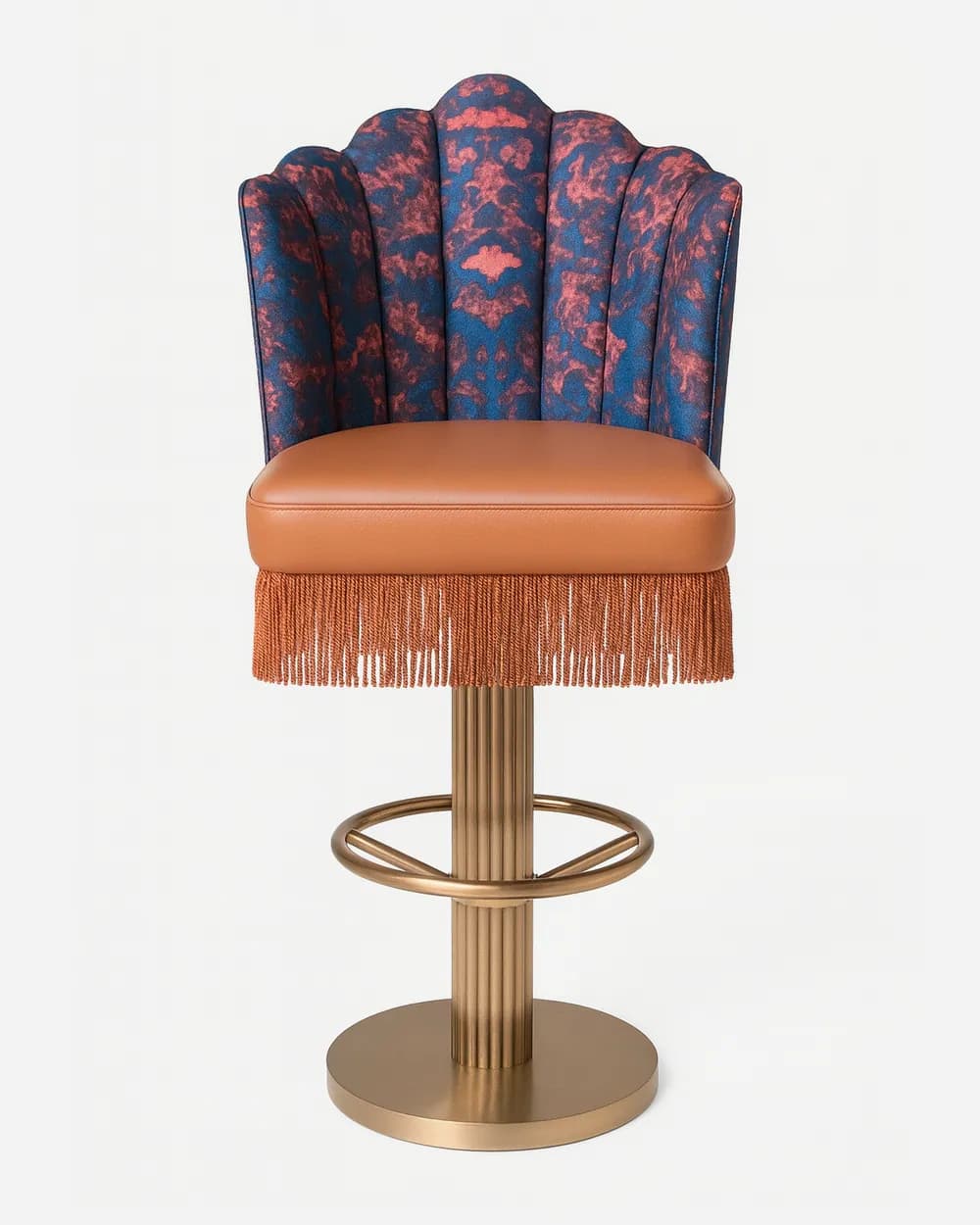 Tulum Barstool barstool — the seat and back are upholstered in real leather with fringe detailing