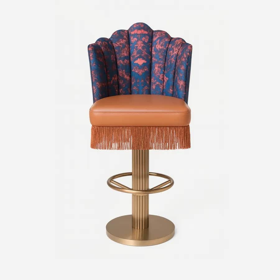 Tulum Barstool barstool — the seat and back are upholstered in real leather with fringe detailing