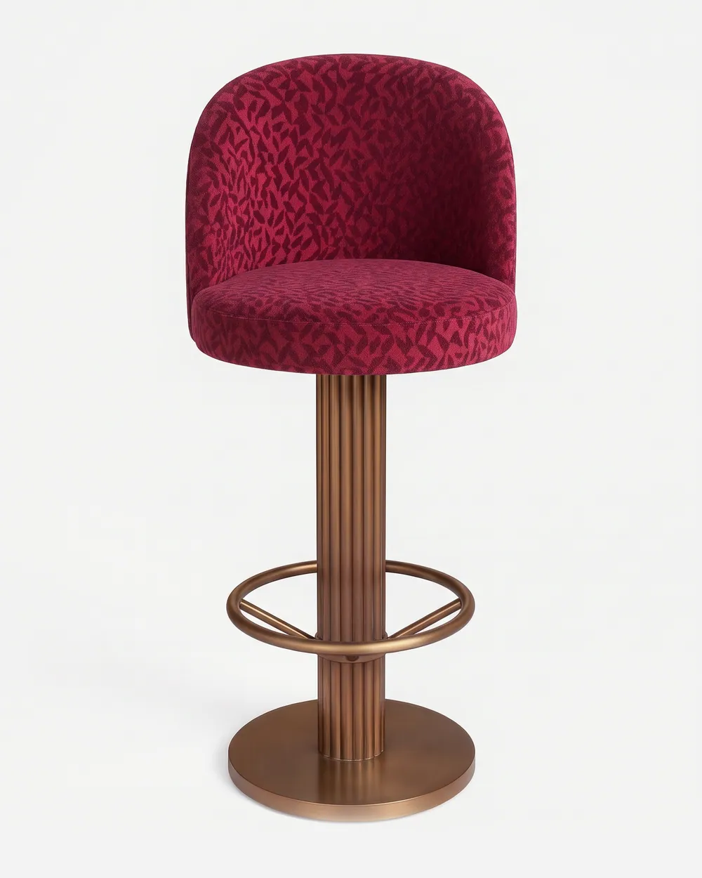 Zino Barstool barstool — fluted column, footrest ring and round base in electroplated antique copper, upholstered in pattern velvet, with a ro…