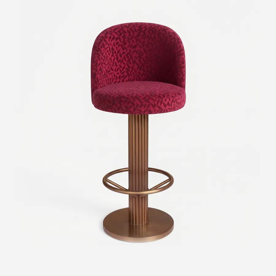 Zino Barstool barstool — fluted column, footrest ring and round base in electroplated antique copper, upholstered in pattern velvet, with a ro…