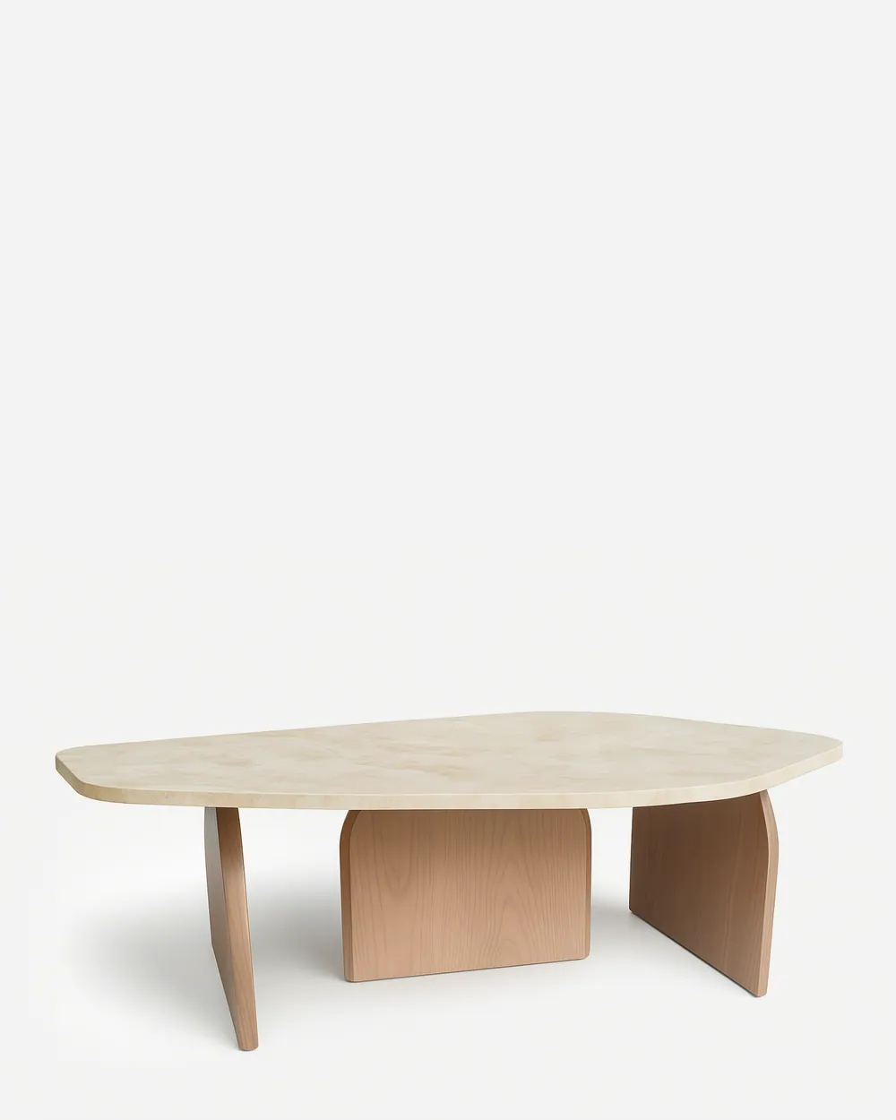 Areco coffee table — irregular-shaped table crafted entirely from 20 mm thick travertine, featuring a solid stone top