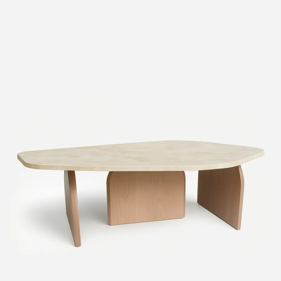 Areco coffee table — irregular-shaped table crafted entirely from 20 mm thick travertine, featuring a solid stone top