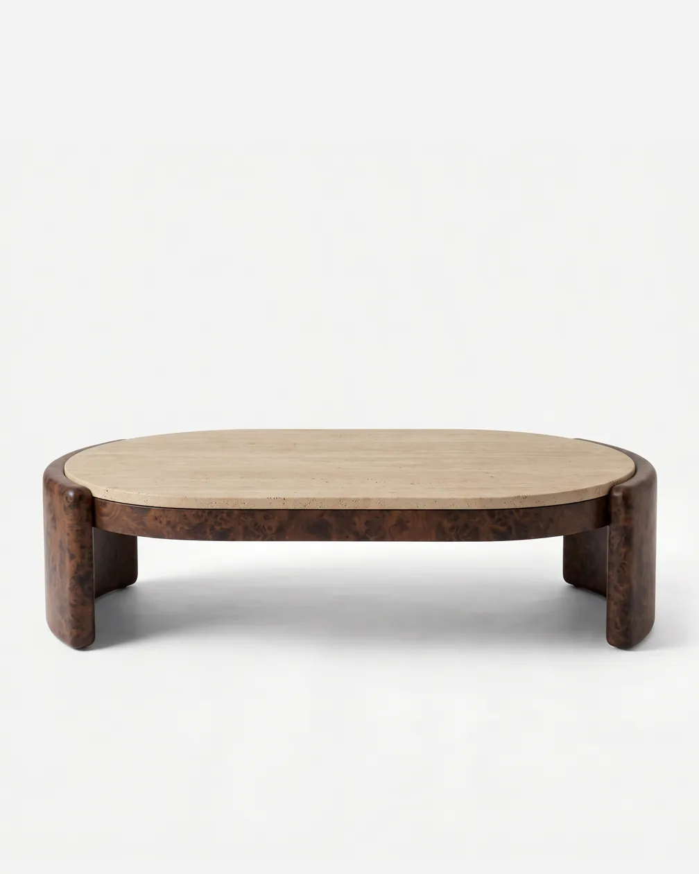 Corven Coffee Table coffee table — walnut burl wood supports in two curved D-shaped ends, carrying a low oval top in beige travertine that sits inset wi…