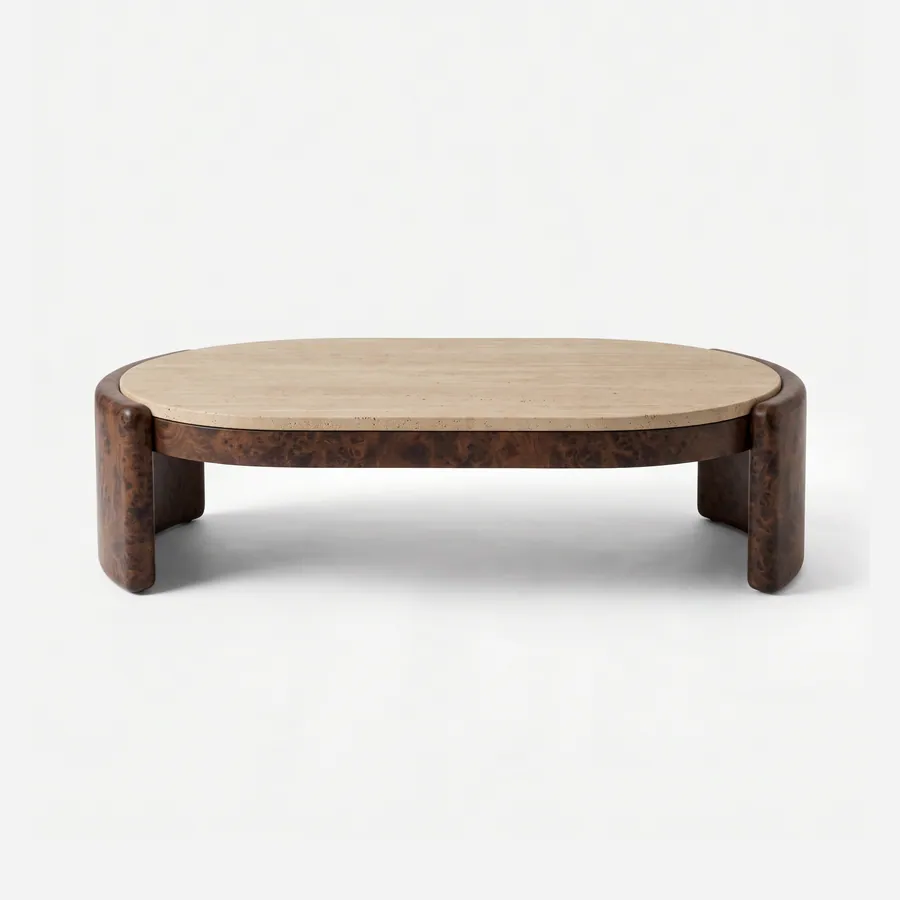 Corven Coffee Table coffee table — walnut burl wood supports in two curved D-shaped ends, carrying a low oval top in beige travertine that sits inset wi…