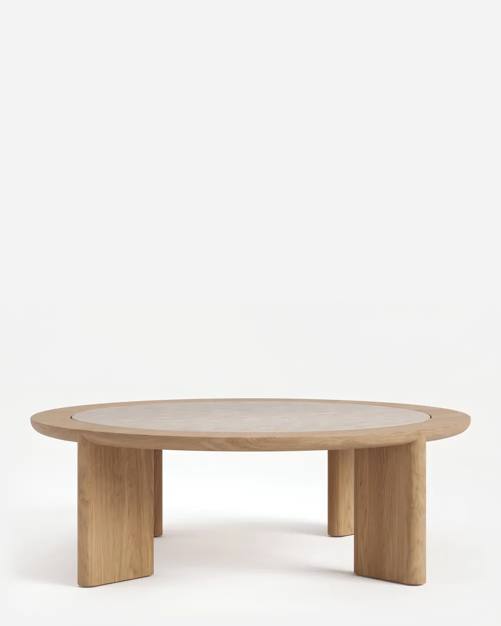 Evander Coffee Table coffee table — round iroko wood coffee table with a broad moulded rim framing a beige travertine inset top, raised on four flat slab…