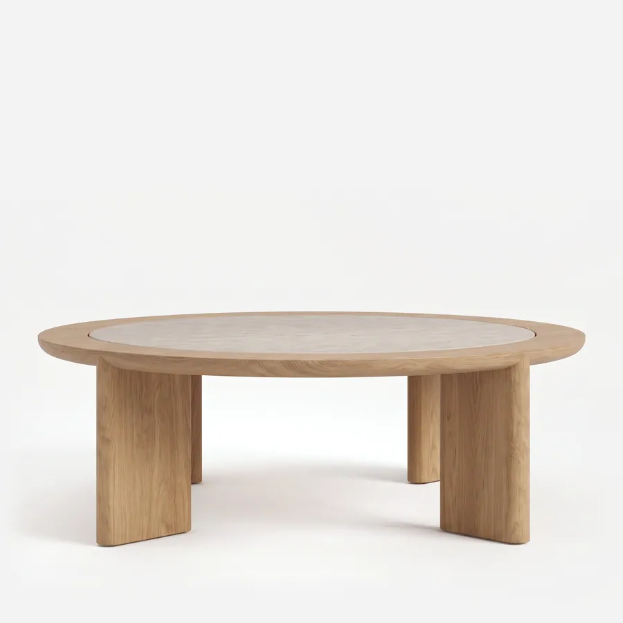 Evander Coffee Table coffee table — round iroko wood coffee table with a broad moulded rim framing a beige travertine inset top, raised on four flat slab…