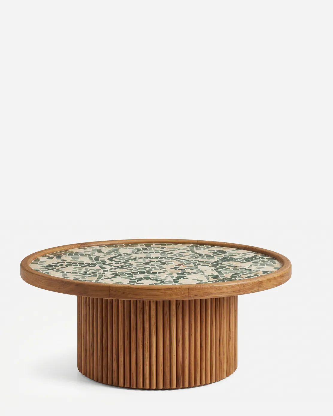 Koa Coffee Table coffee table — round coffee table with a green and cream mosaic top set in an iroko wood rim, supported on a wide drum base of verti…