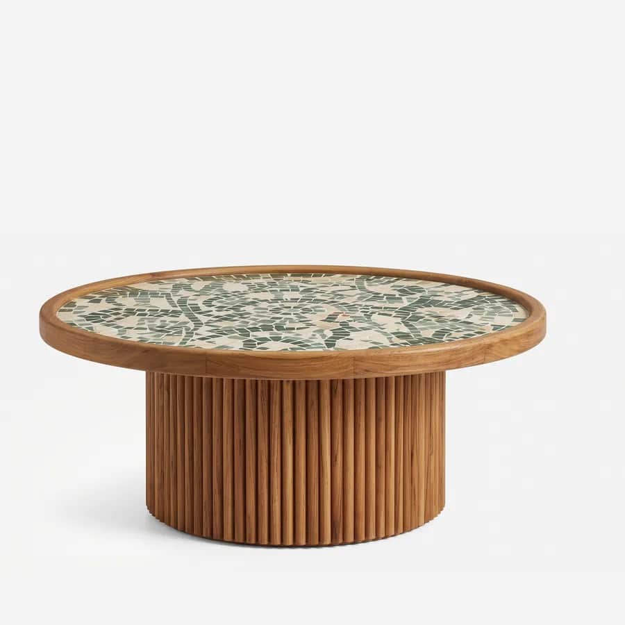 Koa Coffee Table coffee table — round coffee table with a green and cream mosaic top set in an iroko wood rim, supported on a wide drum base of verti…