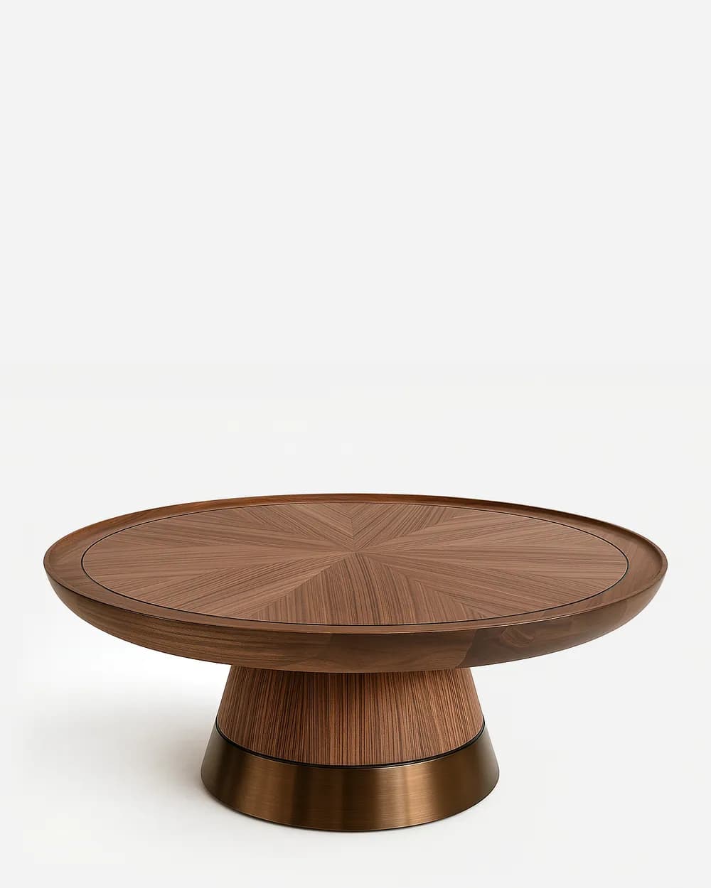Nara coffee table — walnut veneer top with a stained solid walnut wood base, finished with refined SS electroplated metal detailing