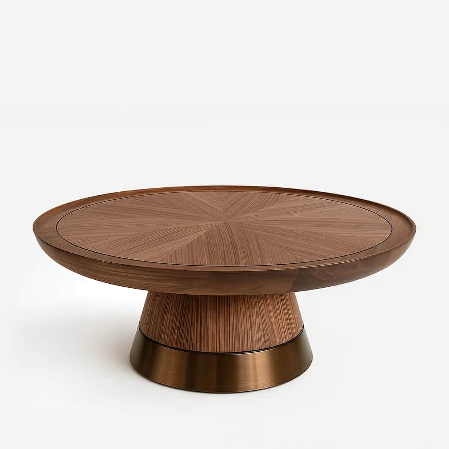 Nara coffee table — walnut veneer top with a stained solid walnut wood base, finished with refined SS electroplated metal detailing
